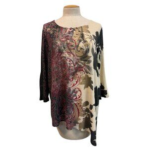 Chico's Asymmetrical Hem Paisley and Floral Top Red Black Tan Sparkly Size Large